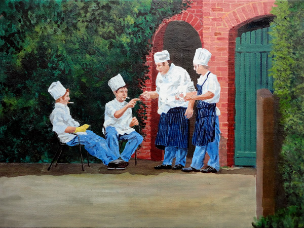 ENJOYING A KUNCH BREAK, HAMPTON COURT painted by DAVID APPLEYARD