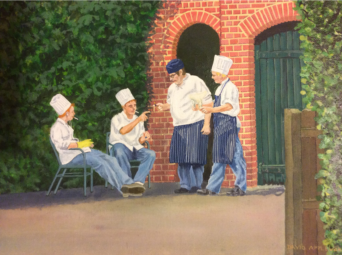 ENJOYING A LUNCH BREAK, HAMPTON COURT painted by DAVID APPLEYARD